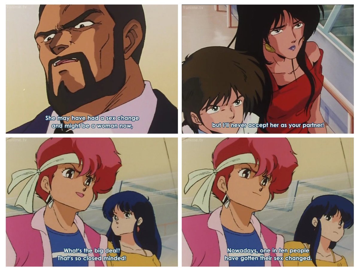 Four panels showing scenes from the anime Dirty Pair. The first two panels read: She may have had a sex change and she may be a woman now, but I'll never accept her as your partner. The last two panels read: What's the big deal? That's so closed minded! Nowadays one in ten people have gotten their sex changed.